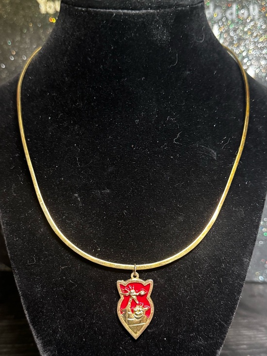 Hand Crafted Jewelry - Gold Tone Red Shield Pendant Necklace
